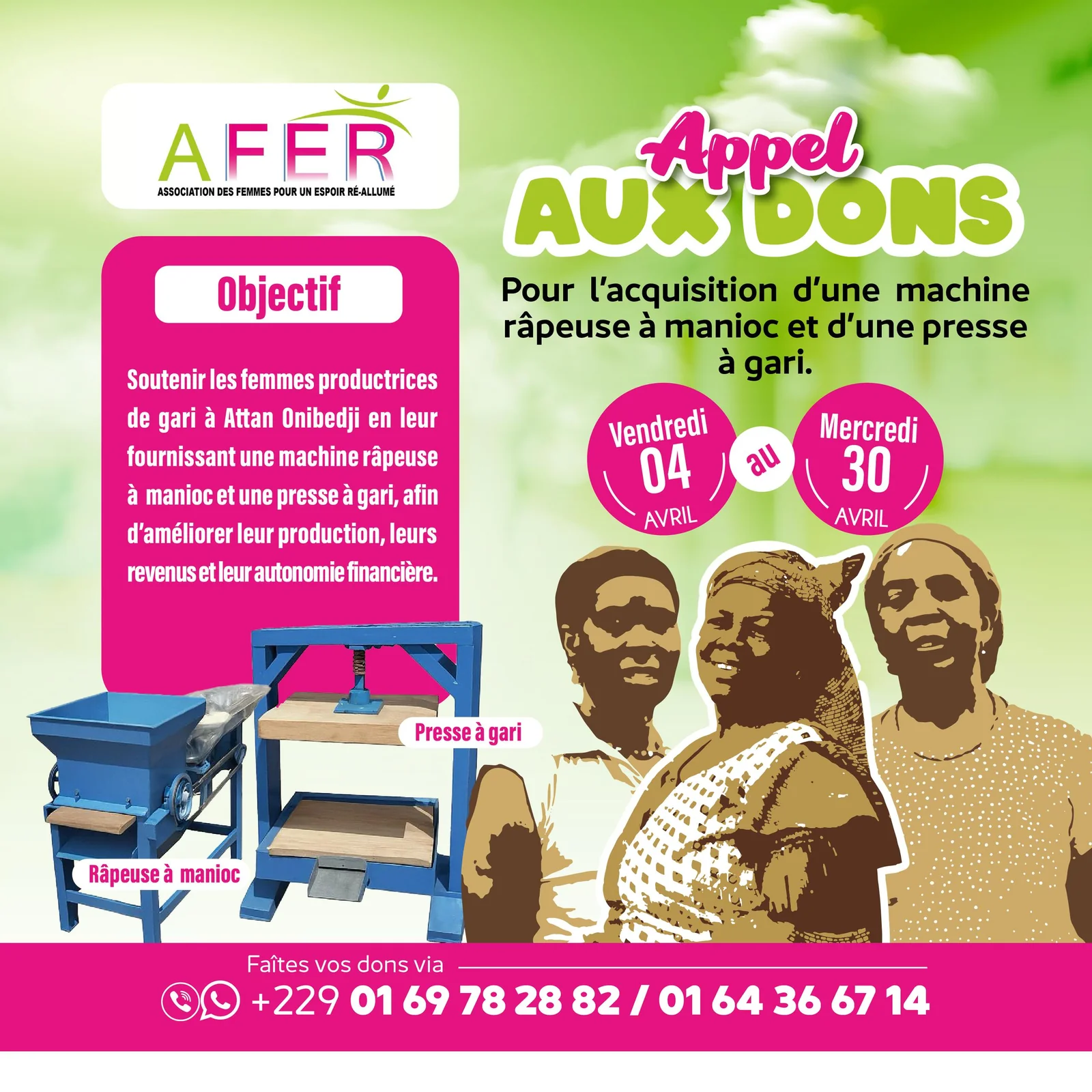 Appel aux dons - Râpeuse à manioc et presse à gari